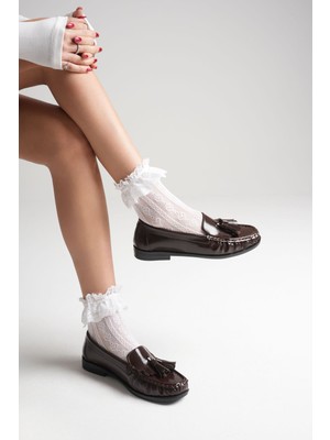 Zerenyus ZR88MS01 Premium Acı Kahve Rugan Püsküllü Kadın Loafer Babet