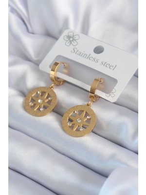 Marsilyan 316L Çelik Gold Renk Kutup Yıldızı Model Işleme Detay Zirkon Taşlı Kadın Küpe