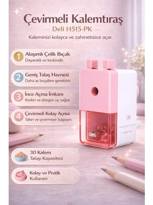 Deli H515-PK Çevirmeli Kalemtıraş – Geniş Hazneli, Dayanıklı Çelik Bıçaklı Masaüstü Kalemtraş (Pembe)
