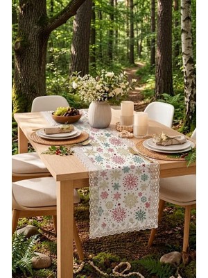 Rona Home Şık Kar Tanesi Desenli Runner Masa Örtüsü Dantel Kenarlı Kırmızı Yeşil Gold Dekoratif Runner