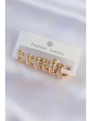 Marsilyan Pirinç Gold Renk Minimal Tırtıklı Küpe Seti