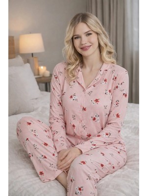 Pemilo Kadın 2043-6 Uzun Kol Önü Düğmeli Bambu Likralı Pijama Takımı