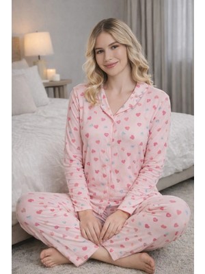 Pemilo Kadın 2043-7 Önü Düğmeli Uzun Kol Bambu Pijama Takımı