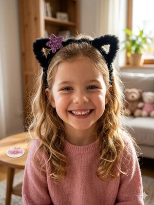Sweet Twins Accessories Kedi Kulaklı Çocuk Taç Simli Yıldızlı Peluş Çocuk Tacı