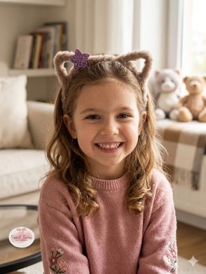 Sweet Twins Accessories Kedi Kulaklı Çocuk Taç Simli Yıldızlı Peluş Çocuk Tacı