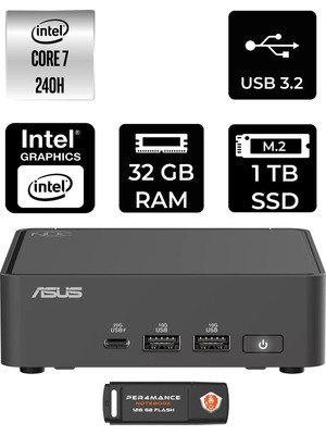 Asus Nuc 15 Pro Slim Intel Core 7 240H 32GB 1tb SSD Fdos Mini Masaüstü Bilgisayar & Per4 USB Bellek RNUC15CRKC700002P314