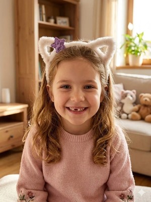 Sweet Twins Accessories Kedi Kulaklı Çocuk Taç Simli Yıldızlı Peluş Çocuk Tacı