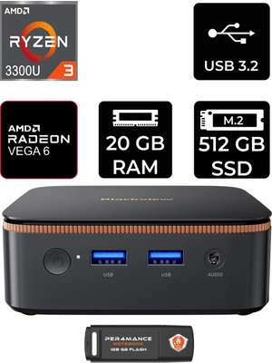 Blackview MP20 Amd Ryzen 3 3300U 20GB 512GB SSD Fdos Mini Masaüstü Bilgisayar & Per4 USB Bellek MP20P313
