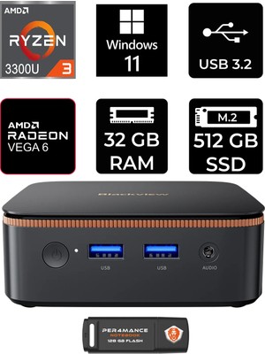 Blackview MP20 Amd Ryzen 3 3300U 32GB 512GB SSD W11H Mini Masaüstü Bilgisayar & Per4 USB Bellek MP20P361