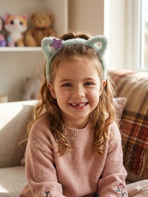 Sweet Twins Accessories Kedi Kulaklı Çocuk Taç Simli Yıldızlı Peluş Çocuk Tacı