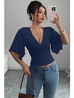 Tarz Cool Kadın Kruvaze Yaka Yarasa Kol Likralı Şık T-Shirt