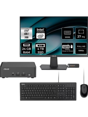 Asus Nuc 15 Pro Slim Intel Core 7 240H 24GB 4tb SSD 27" Fhd Monitör Fdos Mini Masaüstü Bilgisayar & Per4 USB Bellek RNUC15CRKC700002P528