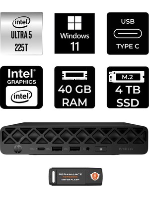 HP Elitedesk 8 Mini G1I Aı Core Ultra 5 225 40GB RAM 4TB SSD Win11 Pro 998V3ETPN392 Mini PC + Per4 USB