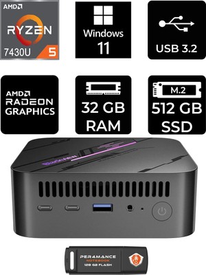 Blackview MP100 Amd Ryzen 5 7430U 32GB 512GB SSD W11P Mini Masaüstü Bilgisayar & Per4 USB Bellek MP100P401