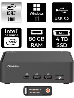 Asus Nuc 15 Pro Slim Intel Core 7 240H 80GB 4tb SSD W11P Mini Masaüstü Bilgisayar & Per4 USB Bellek RNUC15CRKC700002P404
