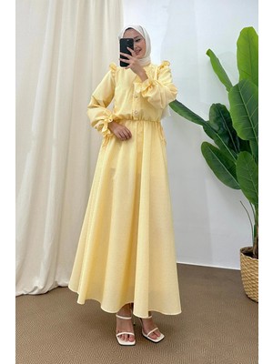 Tesettür Diyarı Fırfır Detaylı Çizgili Gofre Kumaş Tesettür Elbise- Sarı