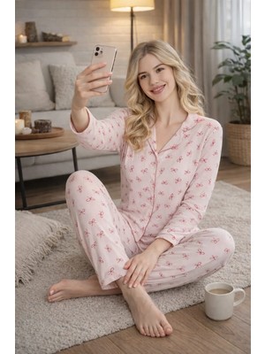 Pemilo Kadın 2043-5 Önü Düğmeli Uzun Kol Likralı Bambu Pijama Takımı
