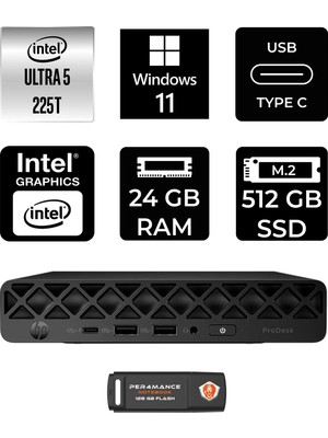 HP Elitedesk 8 Mini G1I Aı Core Ultra 5 225 24GB RAM 512GB SSD Win11 Pro 998V3ETPN381 Mini PC + Per4 USB