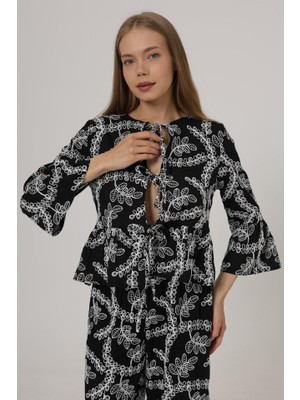 Munn Collection Fiyonk Bağlamalı Brode Bluz - Siyah