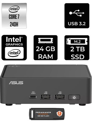 Asus Nuc 15 Pro Slim Intel Core 7 240H 24GB 2tb SSD Fdos Mini Masaüstü Bilgisayar & Per4 USB Bellek RNUC15CRKC700002P311