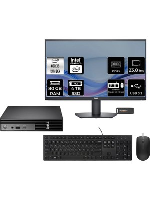 Dell Pro Micro QCM1250 Intel Core I5 14500T 80GB 4tb SSD 23.8" Fhd Monitör Fdos Mini Masaüstü Bilgisayar & Per4 USB Bellek QCM1250BTO008P440