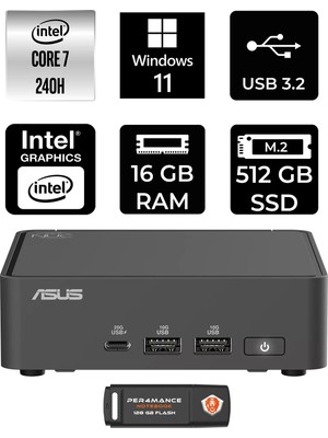 Asus Nuc 15 Pro Slim Intel Core 7 240H 16GB 512GB SSD W11H Mini Masaüstü Bilgisayar & Per4 USB Bellek RNUC15CRKC700002P341