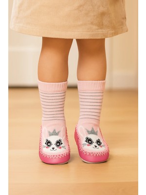 Katia & Bony Kız Çocuk Tavşan Desenli Makosen Soket Çorap Patik Panduf – Kaydırmaz Ev & Anaokulu Ayakkabısı Pembe