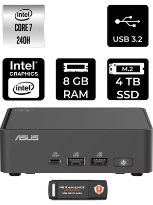 Asus Nuc 15 Pro Slim Intel Core 7 240H 8gb 4tb SSD Fdos Mini Masaüstü Bilgisayar & Per4 USB Bellek RNUC15CRKC700002P304