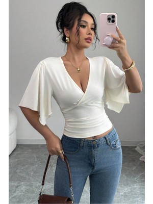 Tarz Cool Kadın Kruvaze Yaka Yarasa Kol Likralı Şık T-Shirt