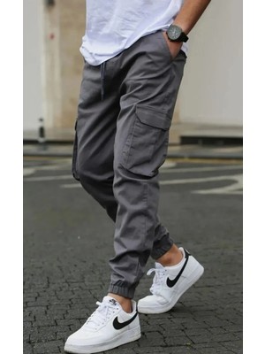 Vikunya Erkek Jogger Gri Pamuklu Likralı Cargo Beli ve Paçası Lastikli Kargo Cepli Pantolon