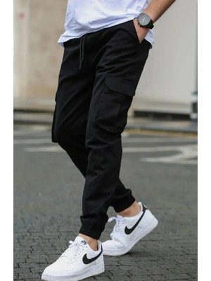 Vikunya Erkek Siyah Kaliteli Lastikli Paça Beli Lastikli Ayarlanabilir Rahat Kesim Pamuk ve Likralı Kargo Pantolon