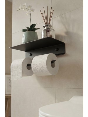 Zift Unique Mat Siyah Çiftli Tuvalet Kağıdı Askısı - Raflı 304 Paslanmaz - Yapışkanlı Çift Montaj Banyo Askı