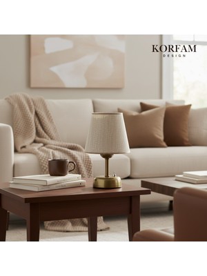 KorFam Bej Keten Kumaş Başlıklı Pilli Masa & Gece Lambası