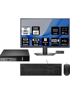 Dell Pro Micro QCM1250 Intel Core I5 14500T 16GB 2tb SSD 27" Fhd Monitör W11P Mini Masaüstü Bilgisayar & Per4 USB Bellek QCM1250BTO008P595