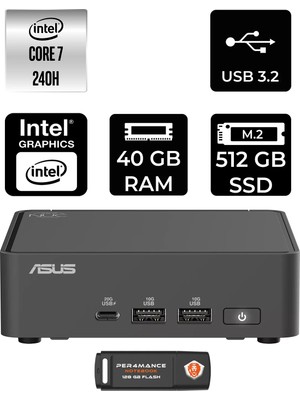 Asus Nuc 15 Pro Slim Intel Core 7 240H 40GB 512GB SSD Fdos Mini Masaüstü Bilgisayar & Per4 USB Bellek RNUC15CRKC700002P317