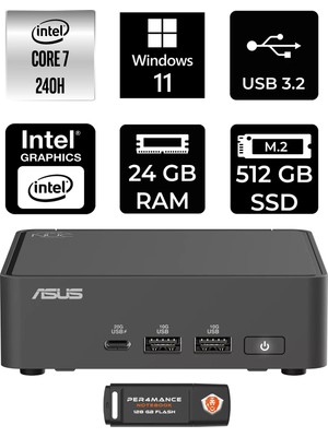 Asus Nuc 15 Pro Slim Intel Core 7 240H 24GB 512GB SSD W11H Mini Masaüstü Bilgisayar & Per4 USB Bellek RNUC15CRKC700002P345