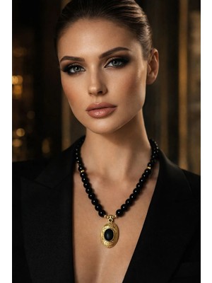 Siyah Inci Oniks Taşlı Altın Kaplama Oval Kolye