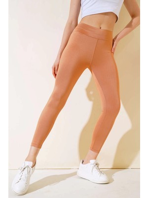 Acstore Esnek Yüksek Bel Taba Uzun Parlak Disco Tayt