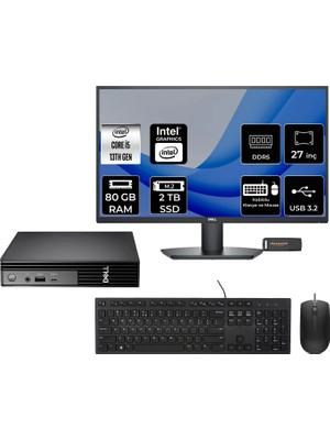 Dell Pro Micro QCM1250 Intel Core I5 14500T 80GB 2tb SSD 27" Fhd Monitör Fdos Mini Masaüstü Bilgisayar & Per4 USB Bellek QCM1250BTO008P547