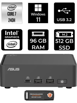 Asus Nuc 15 Pro Slim Intel Core 7 240H 96GB 512GB SSD W11P Mini Masaüstü Bilgisayar & Per4 USB Bellek RNUC15CRKC700002P405
