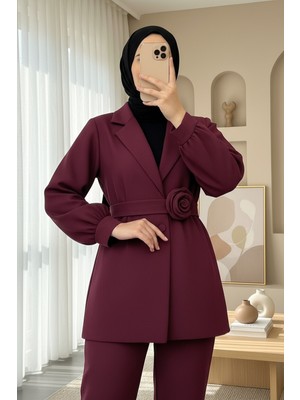 Modamorfo Kemeri Gül Detaylı Kruvaze Yaka Ceket Pantolon Takım   -Bordo