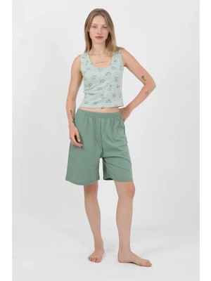 Marsilyan Kadın Kalın Askılı Pamuk Penye Şortlu Crop Takım Suyeşili