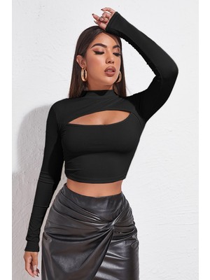Marsilyan Kadın Siyah Göğüs Dekolteli Uzun Kollu Cut Out Crop Top Bluz