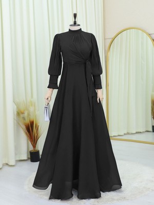 Modamorfo Dik Yaka Yandan Bağlamalı Janjanlı Abiye -Siyah