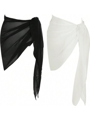 Marsilyan Kadın Siyah Beyaz Transparan Belden Bağlamalı Pareo 2'li