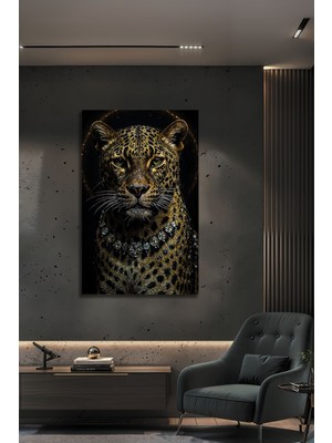 BG Design Lüks Dekoratif Cam Tablo Kristal Kolyeli Leopar Desenli Modern Duvar Sanatı