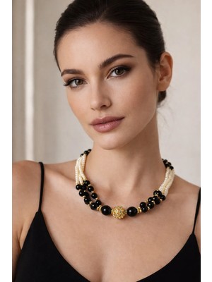 Solare Accessories Premium Seri Gold Siyah Inci Kolye