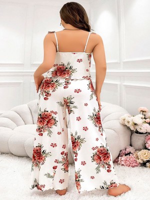 Marsilyan Büyük Beden Gül Desenli Ince Askılı Beyaz Salaş 2'li Takım