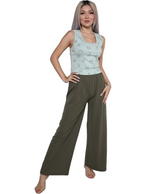 Marsilyan Kadın Kalın Askılı Body Bol Paça Pantolon 2`li Takım Su Yeşili