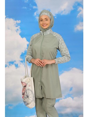Marsilyan Kadın Pantolonlu Desenli Tam Tesettür Mayo Su Yeşili